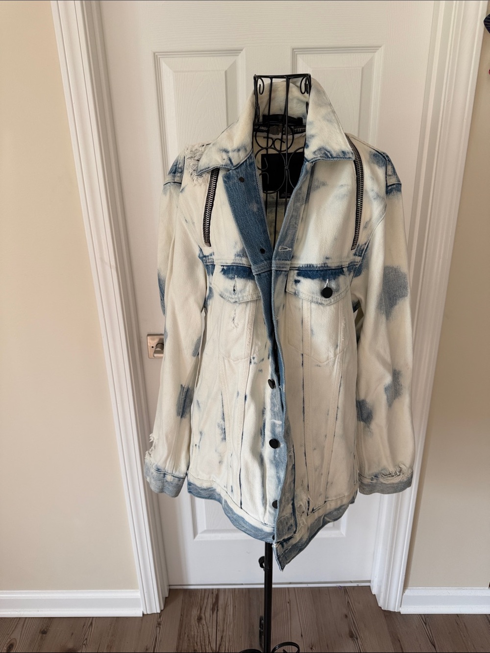 Bleach-Effect White and Blue Distressed Denim Jacket